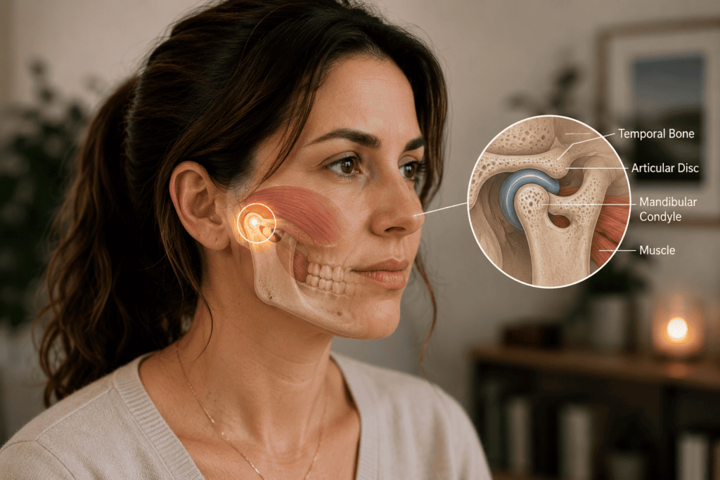 Person from a three-quarter angle with visual emphasis on the jaw and TMJ region, illustrating the anatomical focus of TMD.