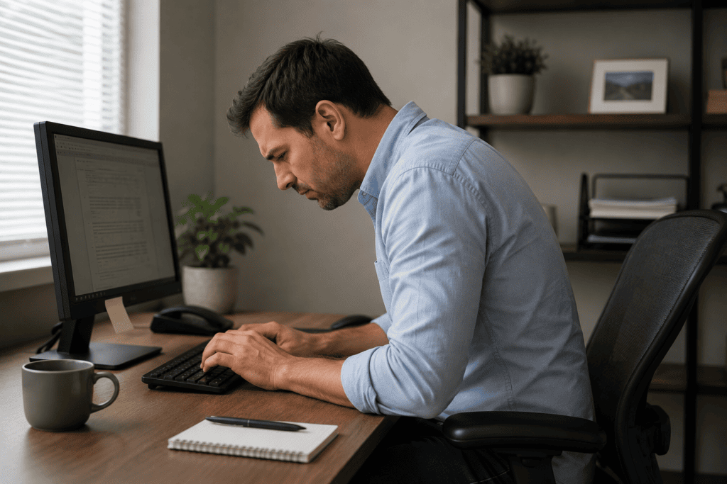 Person working at a workstation with the monitor below eye level, causing the head to tilt down and the posture to slump, illustrating the ergonomic drivers of neck pain.