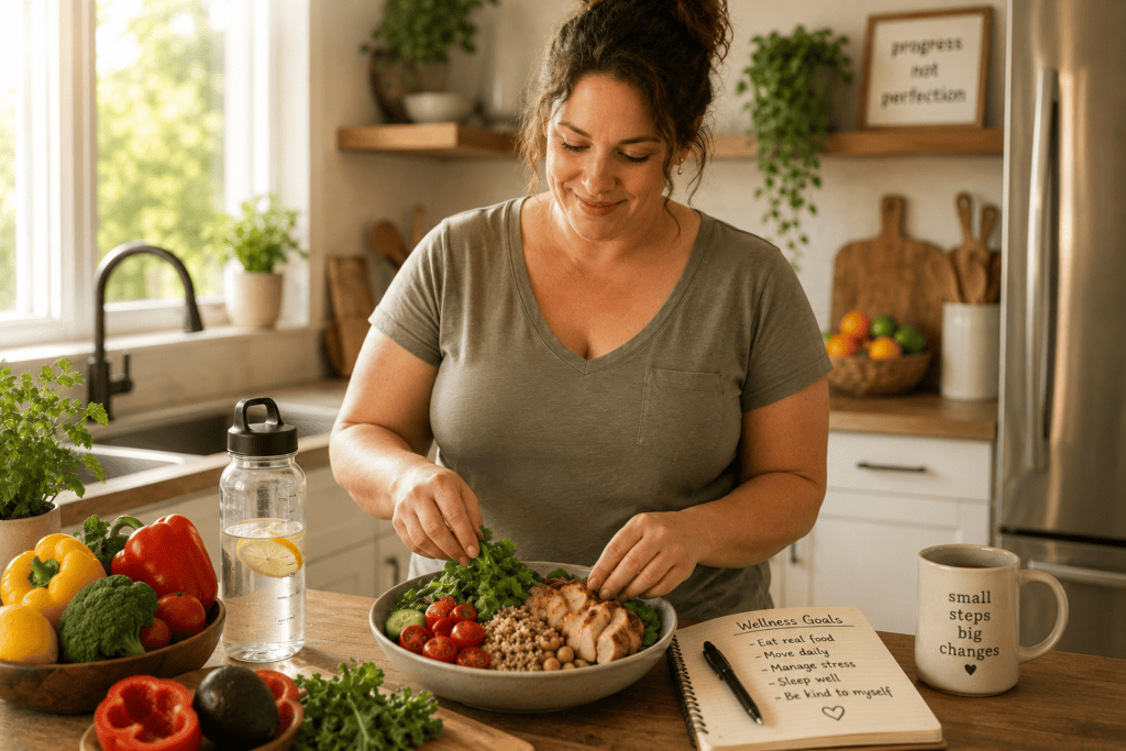Person in a warm home setting engaged in sustainable weight loss practices including balanced nutrition and consideration of overall wellness.
