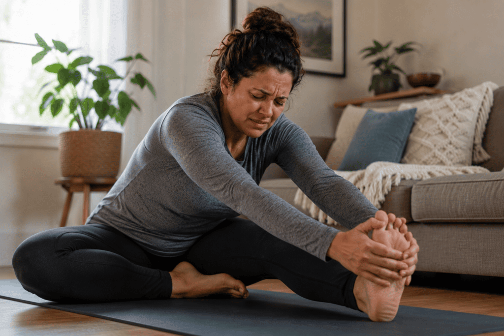 Person in a seated forward-bend or figure-four stretch position showing the classic stretches that pull directly on the sciatic nerve pathway.