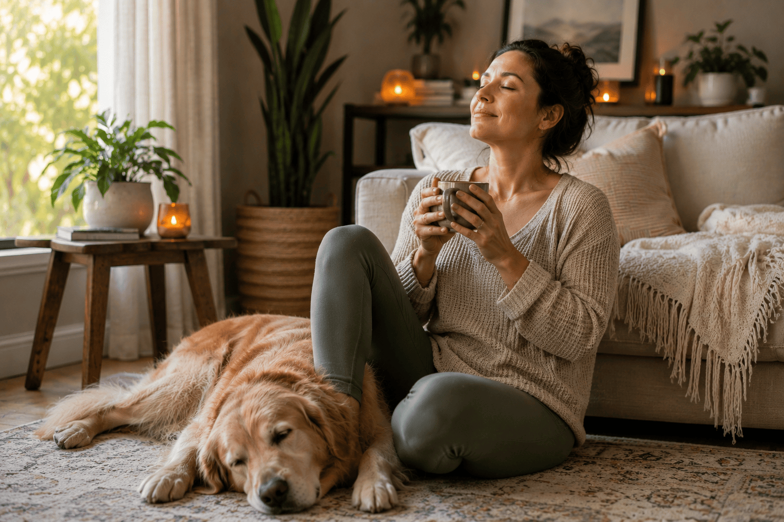 Person sitting comfortably in a warm home setting in a moment of quiet stress relief, communicating active engagement with natural stress management.