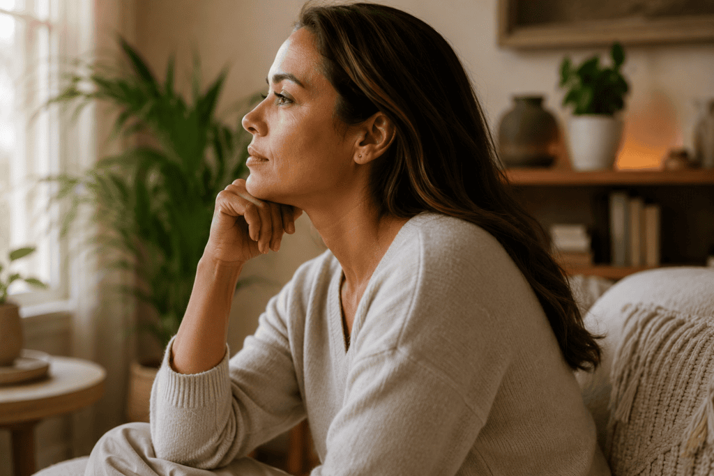 Person seated in profile in a warm home setting with a calm focused expression, in a moment of thoughtful curiosity about their own body and health.