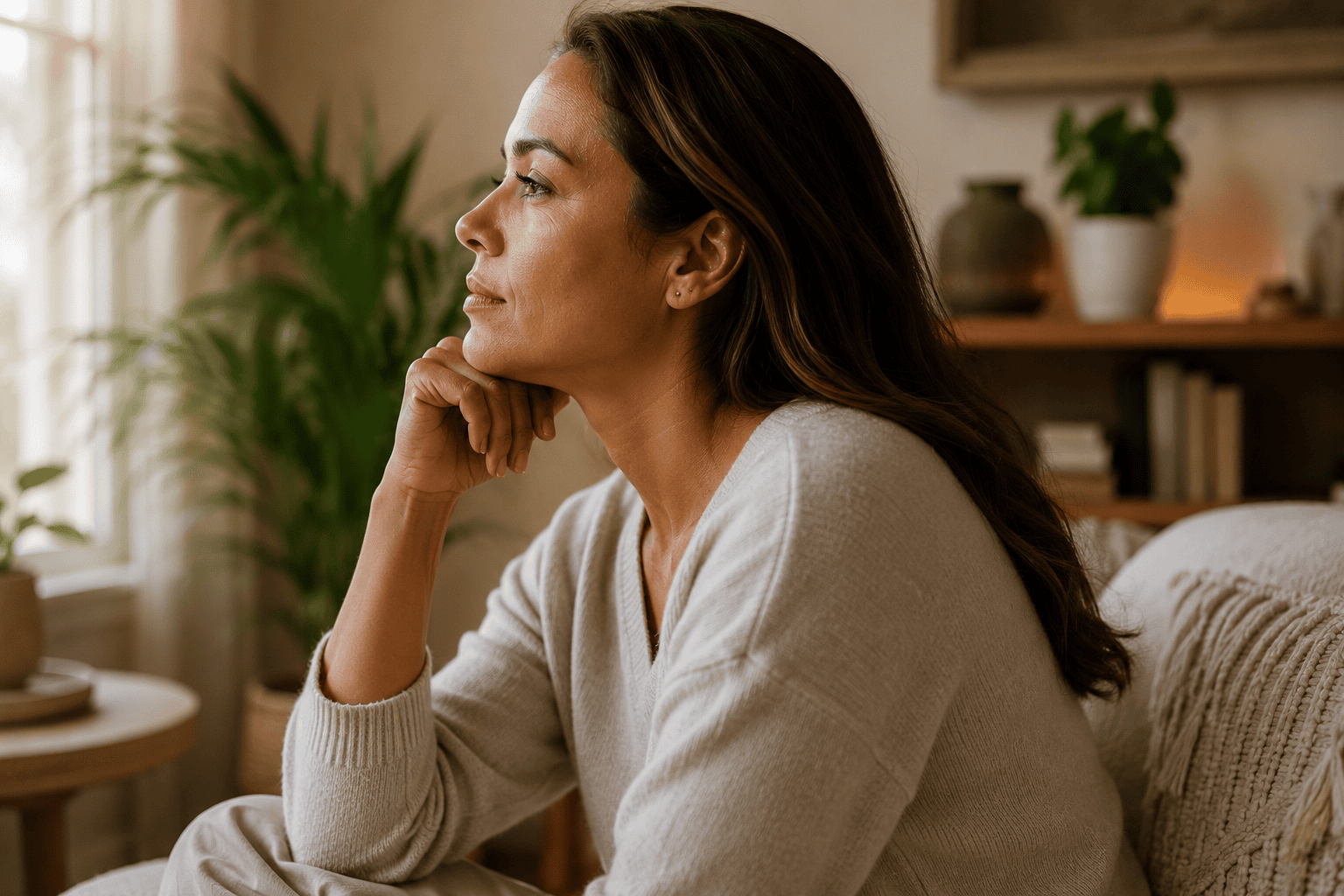 Person seated in profile in a warm home setting with a calm focused expression, in a moment of thoughtful curiosity about their own body and health.
