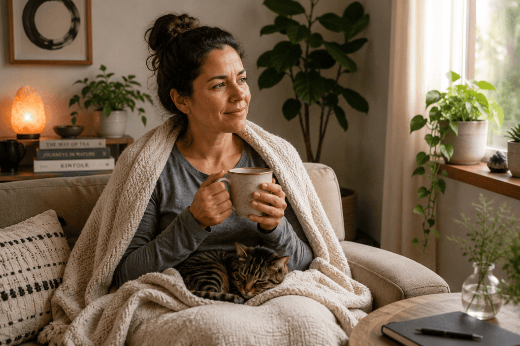 Person sitting up with a cup of tea in a moment of transitioning from illness back toward wellness, communicating the recovery phase.