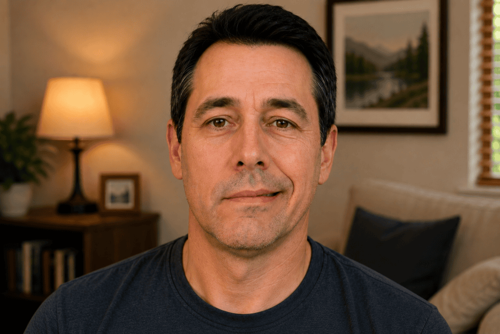 Person in a moment of recovery from Bell's palsy showing improved facial symmetry and a calm hopeful expression, communicating the graded return of facial function.
