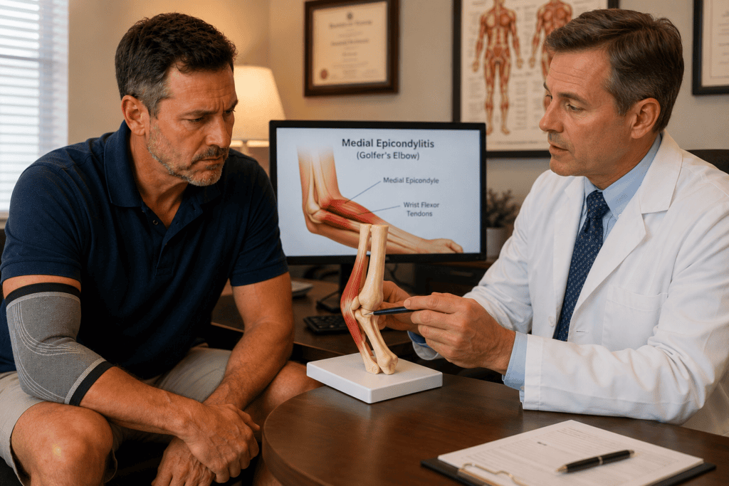 Patient in warm consultation with a physician reviewing the anatomy of medial epicondylitis with a model of the elbow joint.