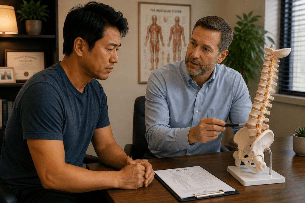 Patient in warm consultation with a physician reviewing the specific type and pattern of back pain with an anatomical model of the spine.
