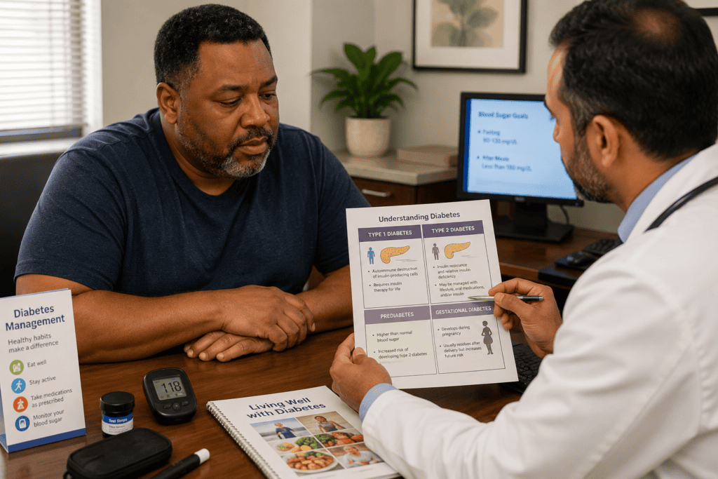 Patient in warm consultation with a physician reviewing their specific diabetes type and treatment approach.