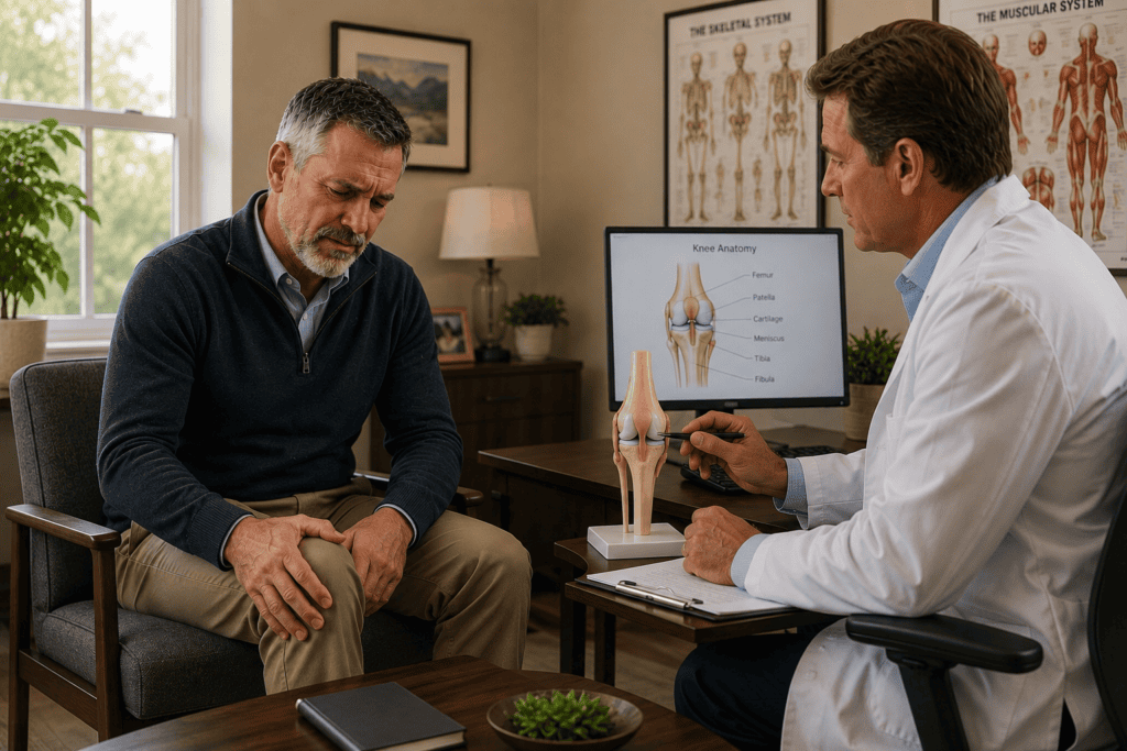 Patient in warm consultation with a physician reviewing the specific clinical pattern producing their knee pain including osteoarthritis, patellar tendinitis, or other conditions.
