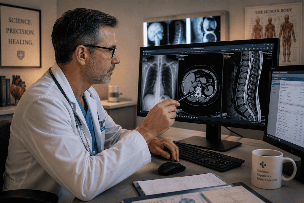 Physician in a clinical setting reviewing medical imaging on a monitor with focused expression, communicating the diagnostic precision that is a core strength of Western medicine.
