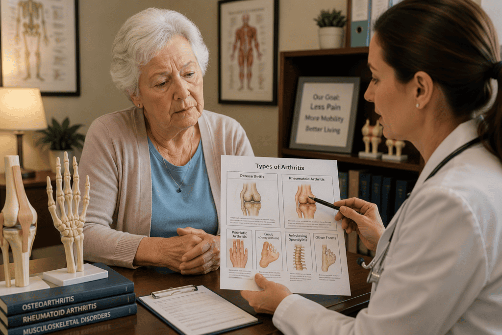 Patient in warm consultation with a physician reviewing the specific type of arthritis with anatomical models and educational materials
