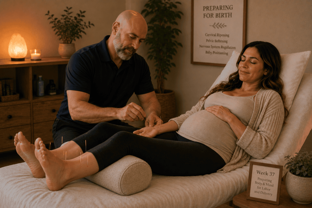 Pregnant woman at approximately 37 weeks receiving acupuncture treatment focused on preparing the body for labor and delivery.