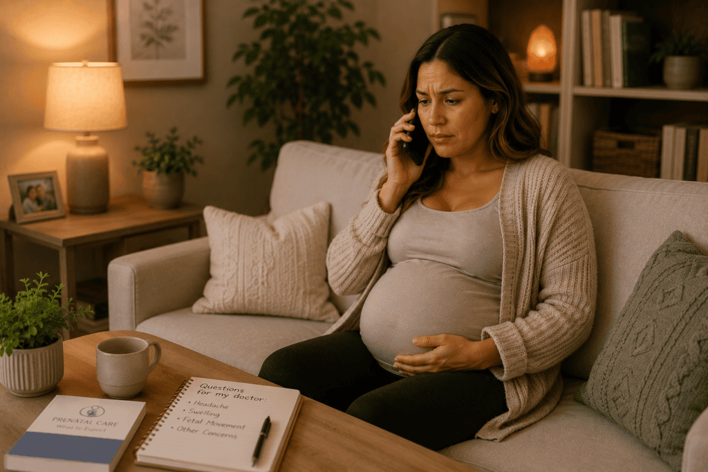 Pregnant woman on the phone with her obstetric provider to discuss a warning sign that requires medical evaluation rather than complementary care.