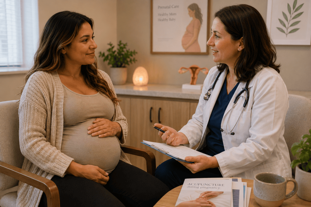 Pregnant woman in warm consultation with her obstetric provider discussing the integration of acupuncture with her prenatal care plan.