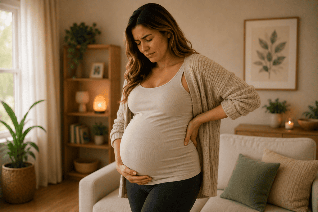 Pregnant woman in her second trimester with one hand pressed to her lower back, illustrating the back pain and pelvic discomfort common as the pregnancy progresses.