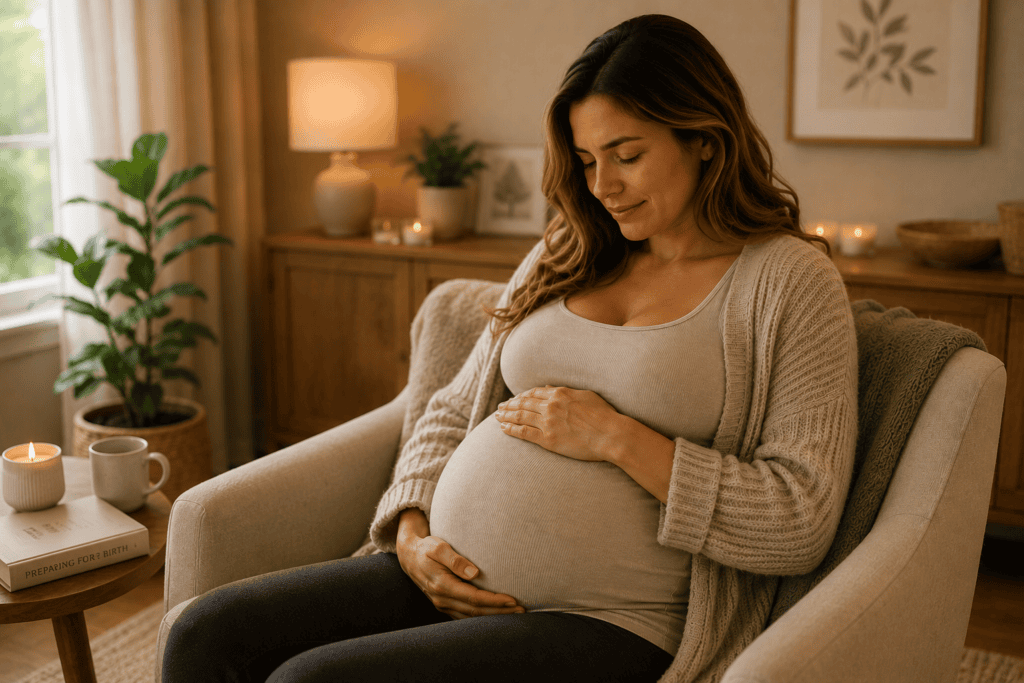 Pregnant woman in her third trimester sitting comfortably at home in a moment of quiet preparation for delivery, illustrating the physical and emotional patterns of late pregnancy.