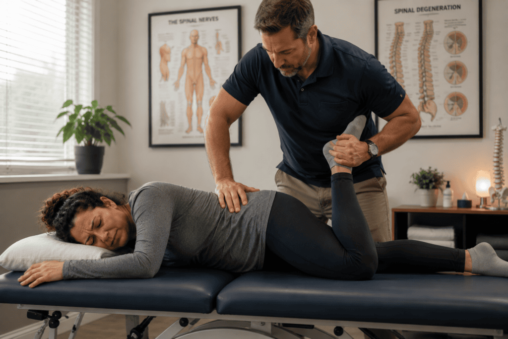 Provider guiding a patient through a low back stretch in a clinical setting, illustrating the standard care approach that often applies stretching without pattern differentiation.