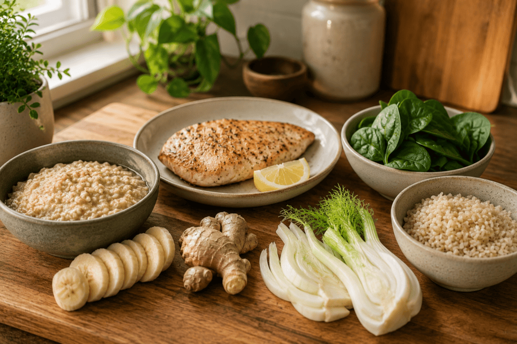 Editorial arrangement of reflux-friendly foods including oatmeal, bananas, ginger, fennel, leafy greens, brown rice, and grilled protein on a wooden cutting board.