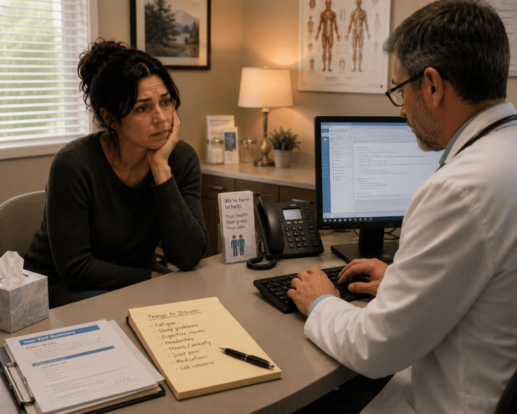Patient in a brief medical appointment with a physician focused on electronic documentation, communicating the rushed nature of modern medical visits.