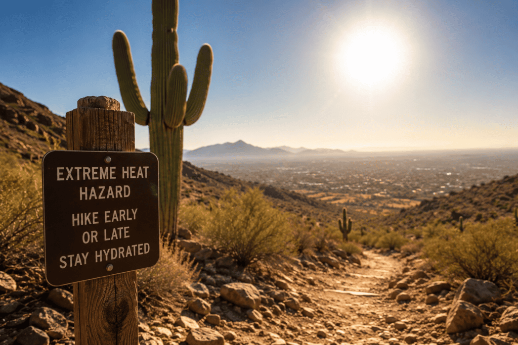 Rocky Sonoran Desert hiking trail near Scottsdale, Arizona under intense summer sunshine with towering saguaro cacti and a heat warning sign emphasizing the dangers of extreme heat.