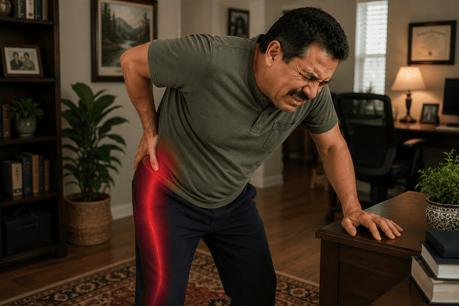 Mexican American man in his 50s standing in his home office, hunched over with severe sciatica pain radiating from his lower back through his hip and down his leg.