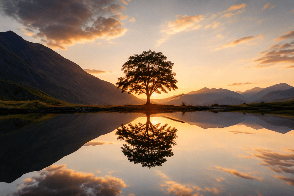 Calm reflective surface of water mirroring a balanced landscape above and below, illustrating the dynamic balance of Yin and Yang.