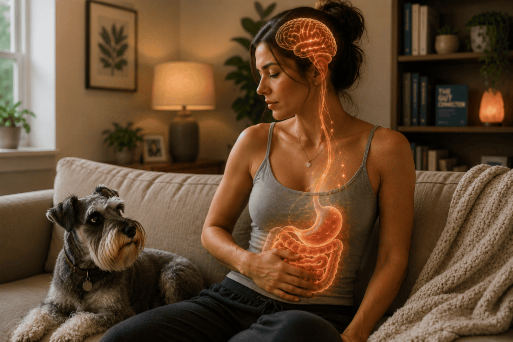 Person in a reflective moment with visual emphasis on both the head and the abdomen, illustrating the gut-brain axis connection that is central to IBS.