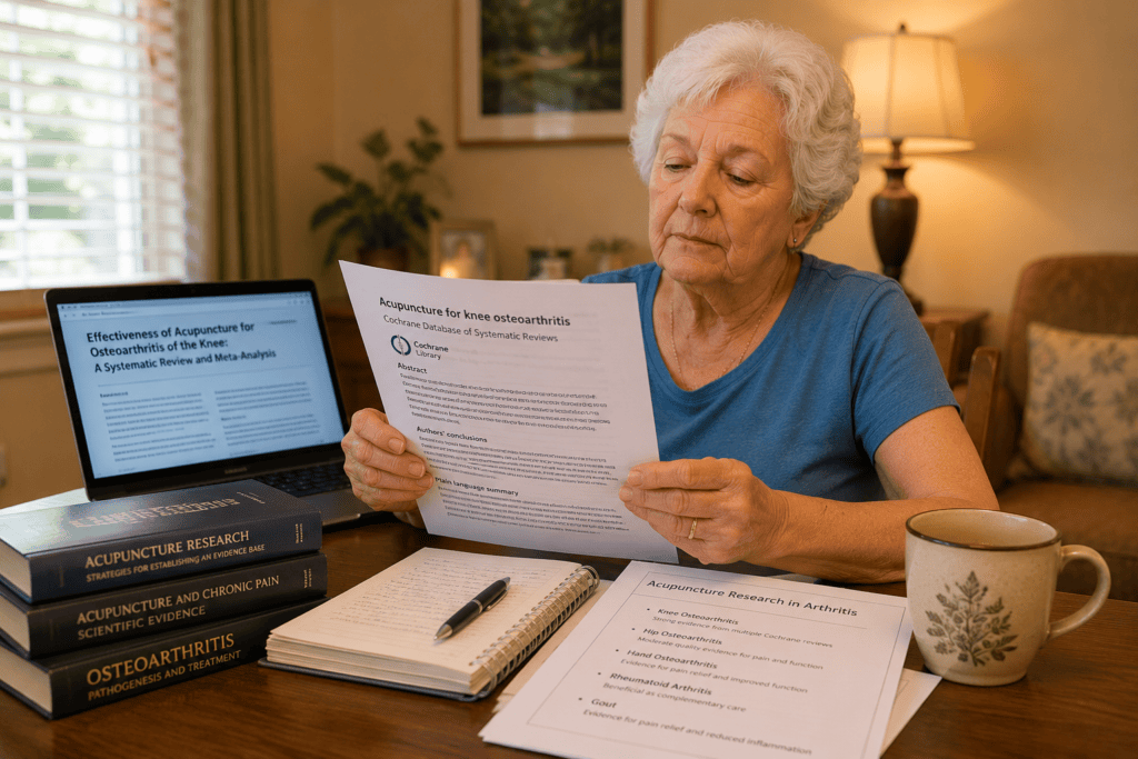 Person reviewing research documentation about acupuncture for arthritis including Cochrane reviews for knee osteoarthritis.