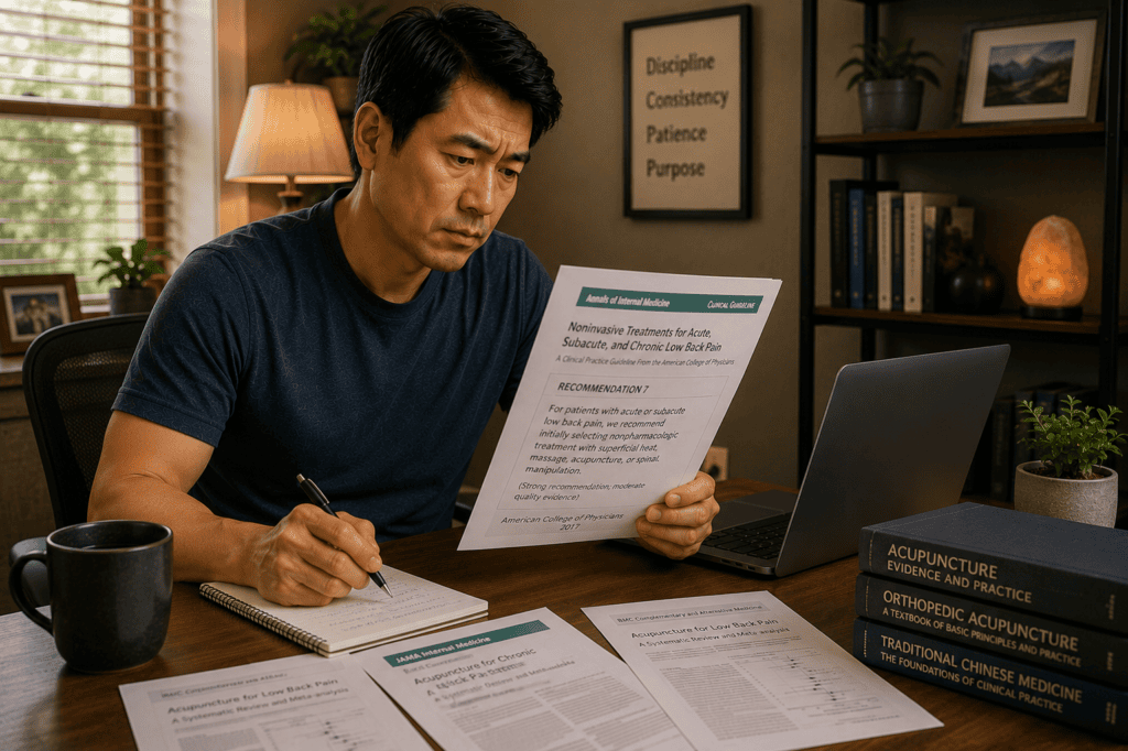 Person reviewing research documentation about acupuncture for back pain including the American College of Physicians guidelines.