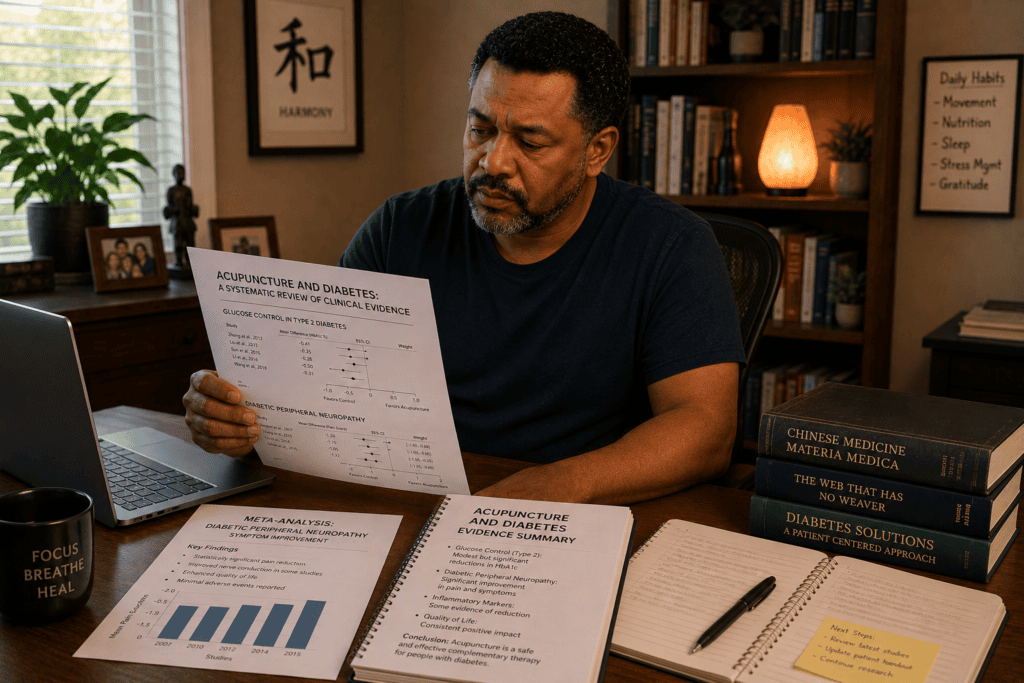Person reviewing research documentation about acupuncture for diabetes and diabetic peripheral neuropathy.