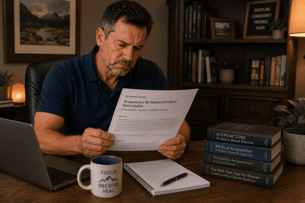 Person reviewing research documentation about acupuncture for medial and lateral epicondylitis and chronic tendon conditions.