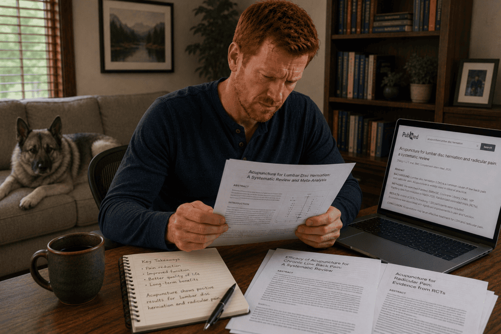 Person reviewing research documentation about acupuncture for herniated discs and chronic back pain.