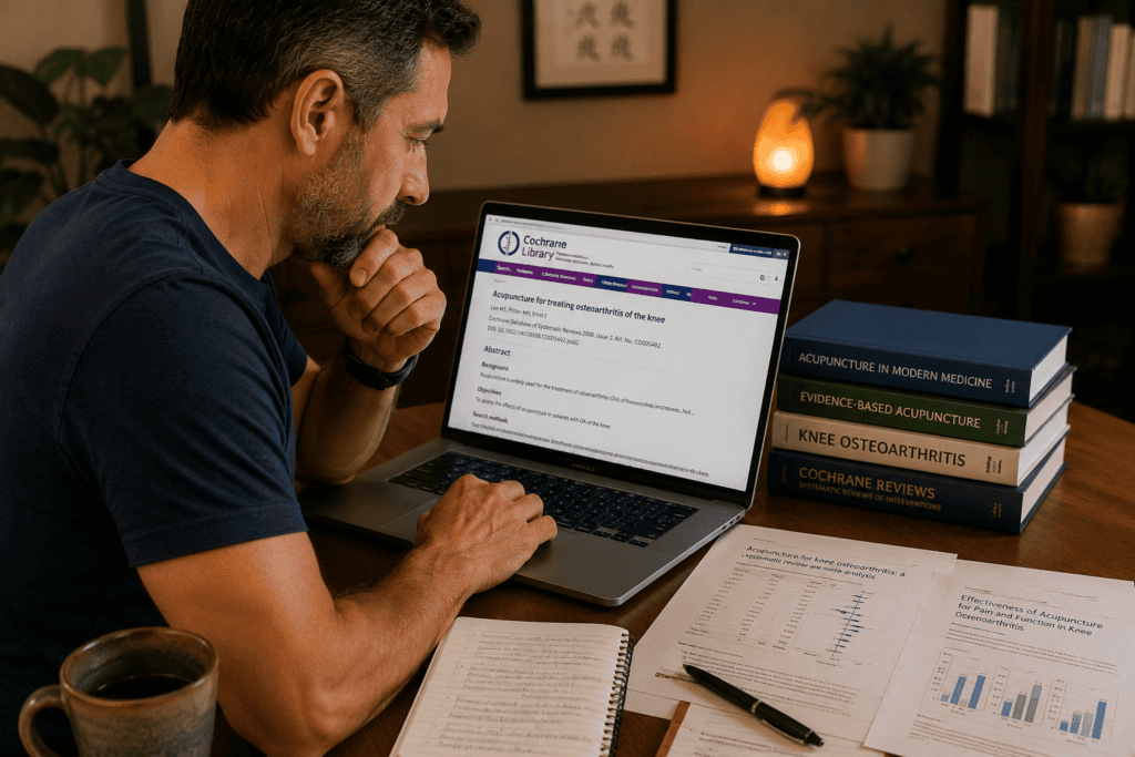 Person reviewing research documentation about acupuncture for knee osteoarthritis, illustrating the substantial evidence base for the treatment.