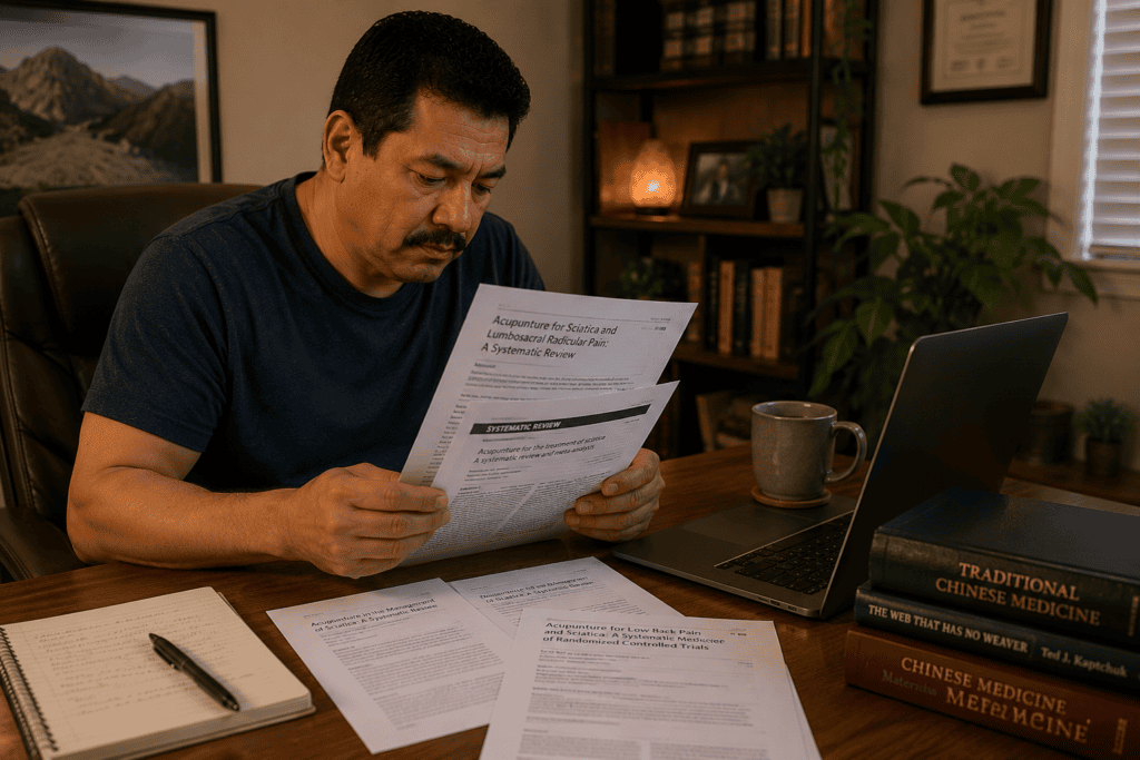 Person reviewing research documentation about acupuncture for sciatica and radicular pain.