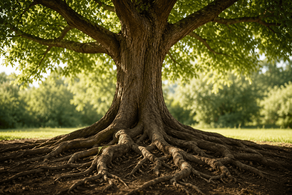 Tree viewed from below showing the branches spreading above and the visible roots grounding the trunk in the soil, illustrating the root and branch principle.