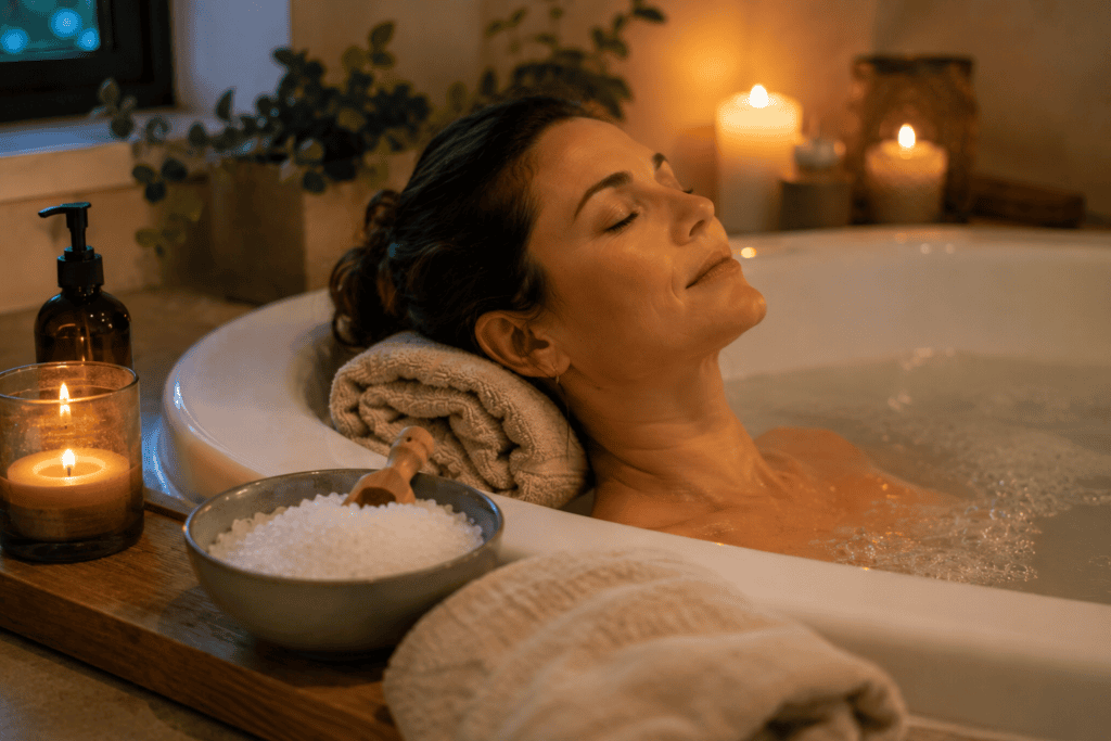 Warm bath scene with Epsom salts on the tub edge, candles, and soft ambient lighting, communicating the sensory calm of warm water immersion.