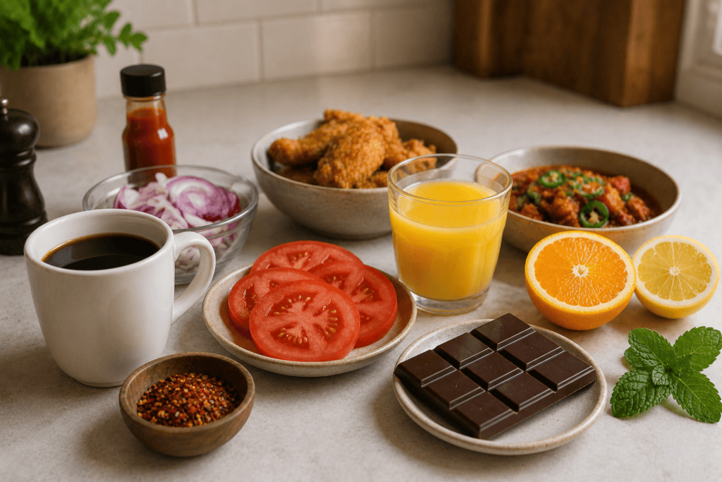 Kitchen counter arrangement of common acid reflux trigger foods including coffee, dark chocolate, tomato slices, orange juice, and other dietary triggers.