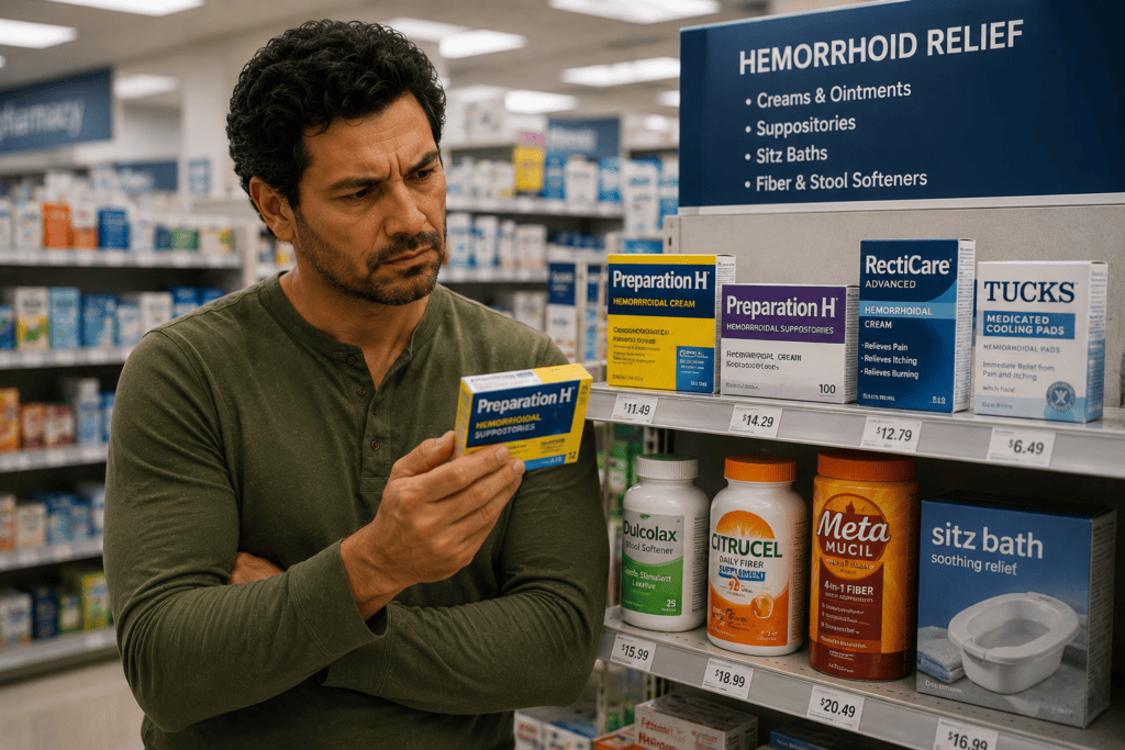 Man standing in a pharmacy aisle comparing over-the-counter hemorrhoid creams, suppositories, fiber supplements, and sitz bath products while looking uncertain about his treatment options.