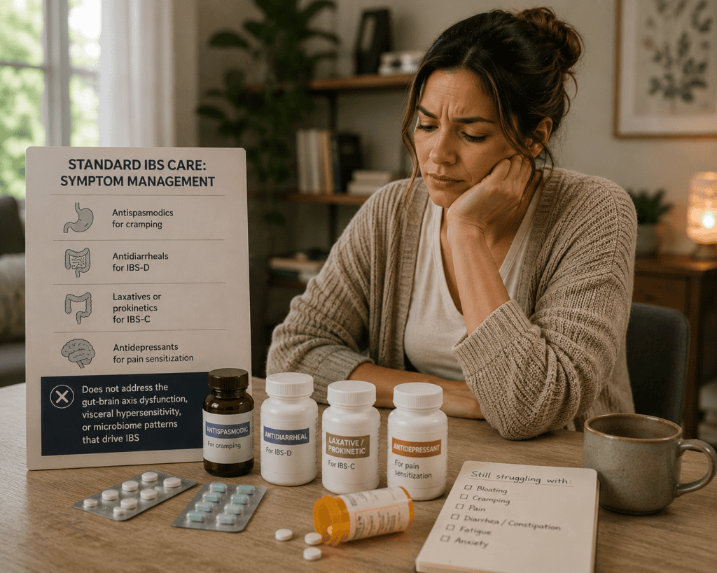 Young woman sitting at a table looking discouraged while surrounded by common IBS medications, illustrating the limitations of symptom-based treatment for irritable bowel syndrome.