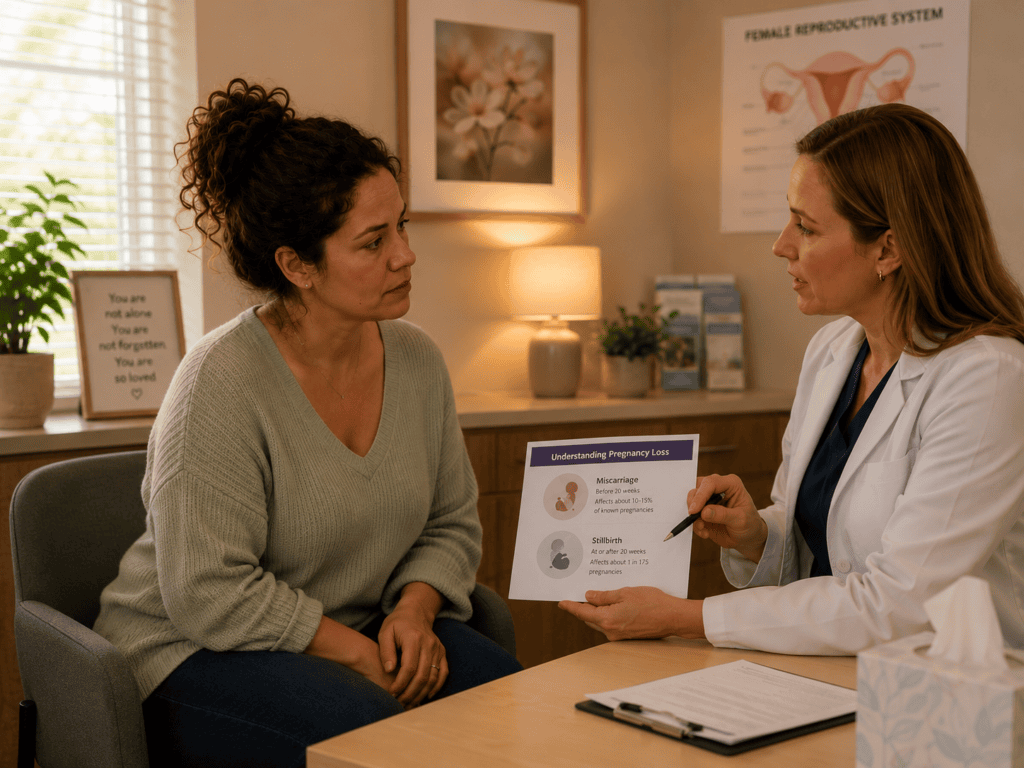 Woman in warm consultation with a physician discussing the medical framework for miscarriage or stillbirth and the recovery process.