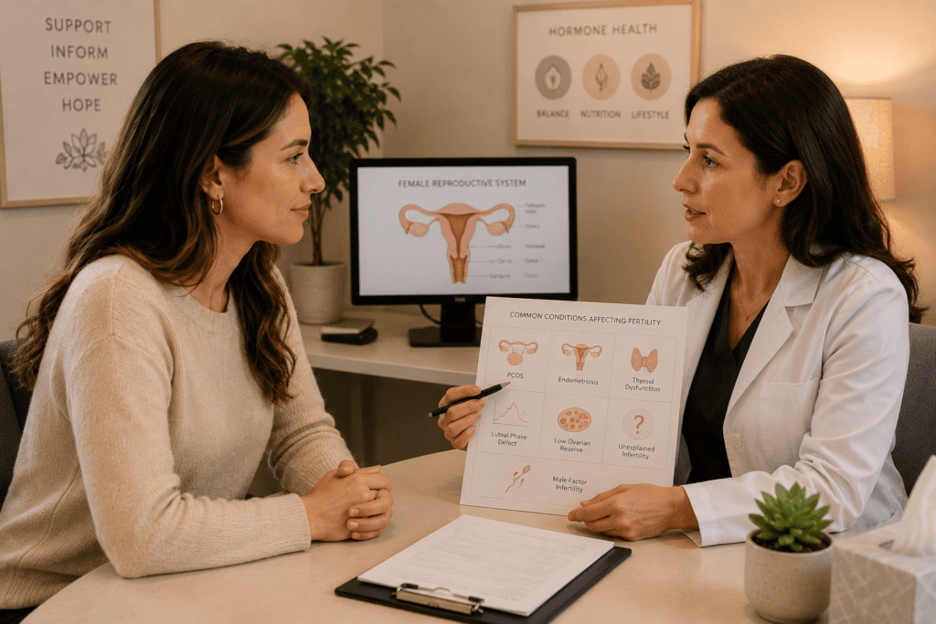 Woman in warm consultation with a physician discussing PCOS, endometriosis, and other common conditions that affect fertility.
