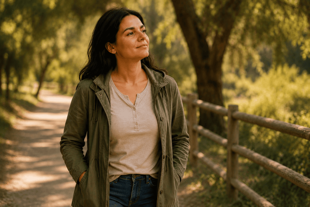 Woman walking outdoors in a natural setting with a calm grounded expression, communicating the sustained improvements that show up over the course of acupuncture treatment.