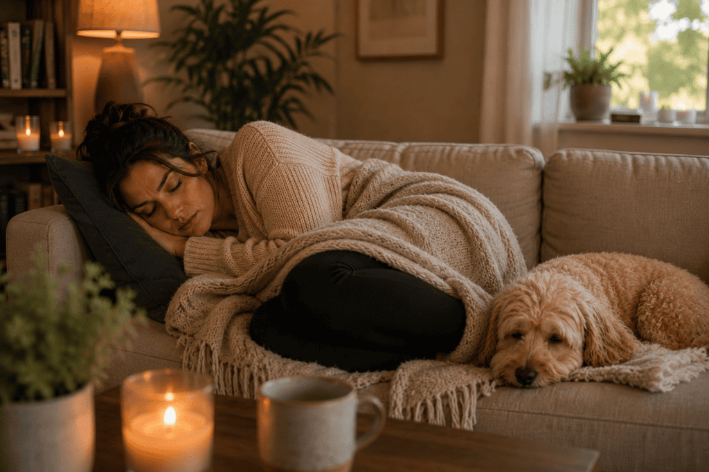 Young woman curled up in the fetal position on a couch with a small blanket and her dog beside her, illustrating the physical exhaustion of chronic fatigue.