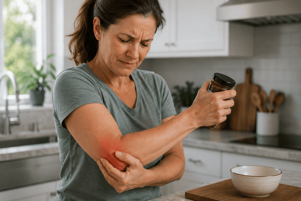 A woman gripping an everyday object with visible discomfort at the outside of the elbow, illustrating how tennis elbow pain flares with gripping activities.