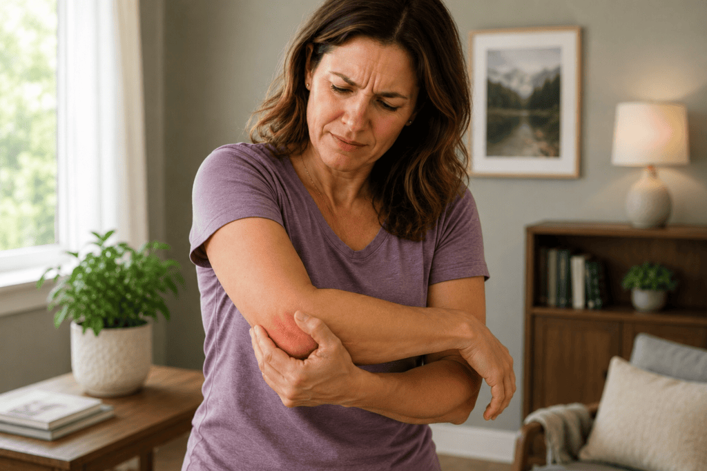 Woman with one hand pressed to the outer side of the opposite elbow, expression communicating the familiar sharp discomfort of tennis elbow pain.