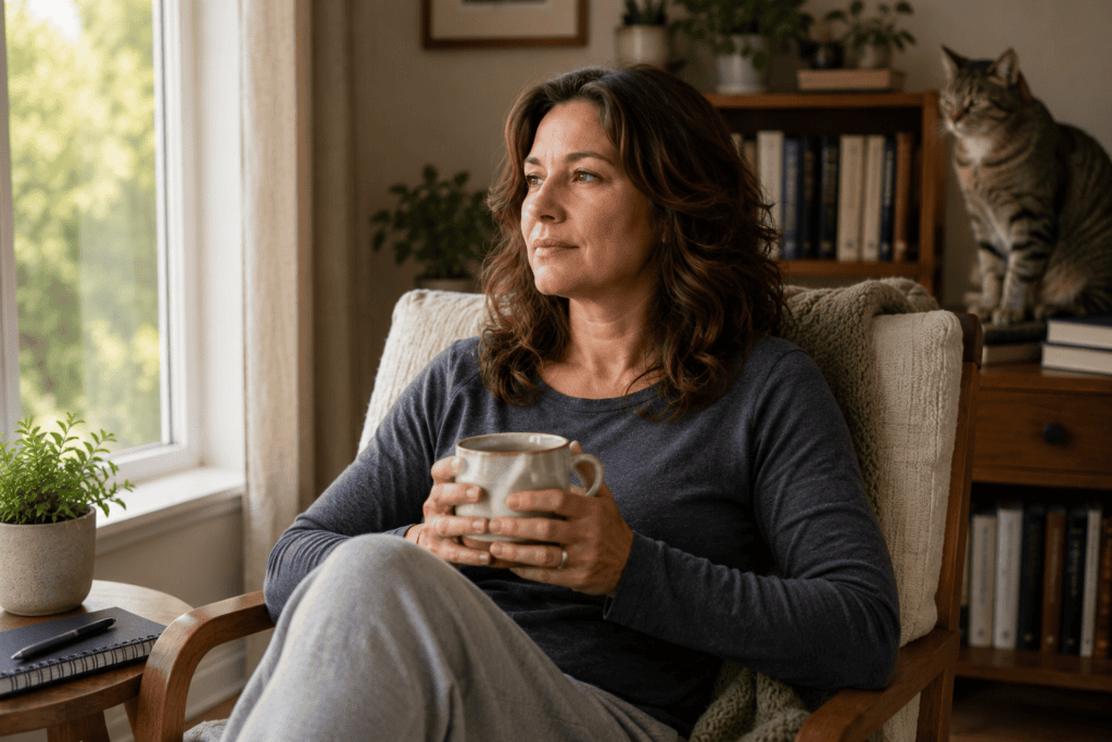 Woman sitting quietly at home holding a warm mug while a cat watches nearby, communicating the quiet resilience of someone living with fibromyalgia.