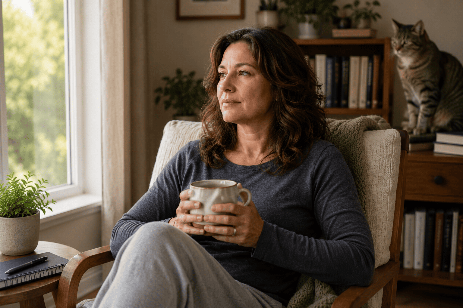 Woman sitting quietly at home holding a warm mug while a cat watches nearby, communicating the quiet resilience of someone living with fibromyalgia.