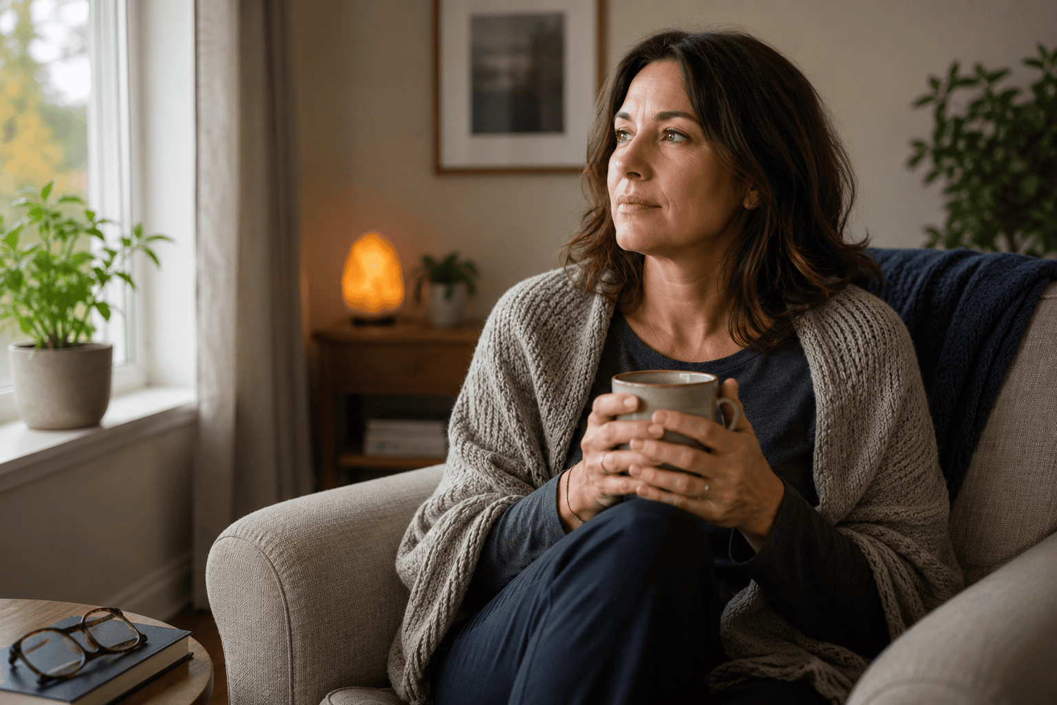 Woman sitting quietly at home in a comfortable chair near a window, communicating the quiet resilience of someone living with fibromyalgia.