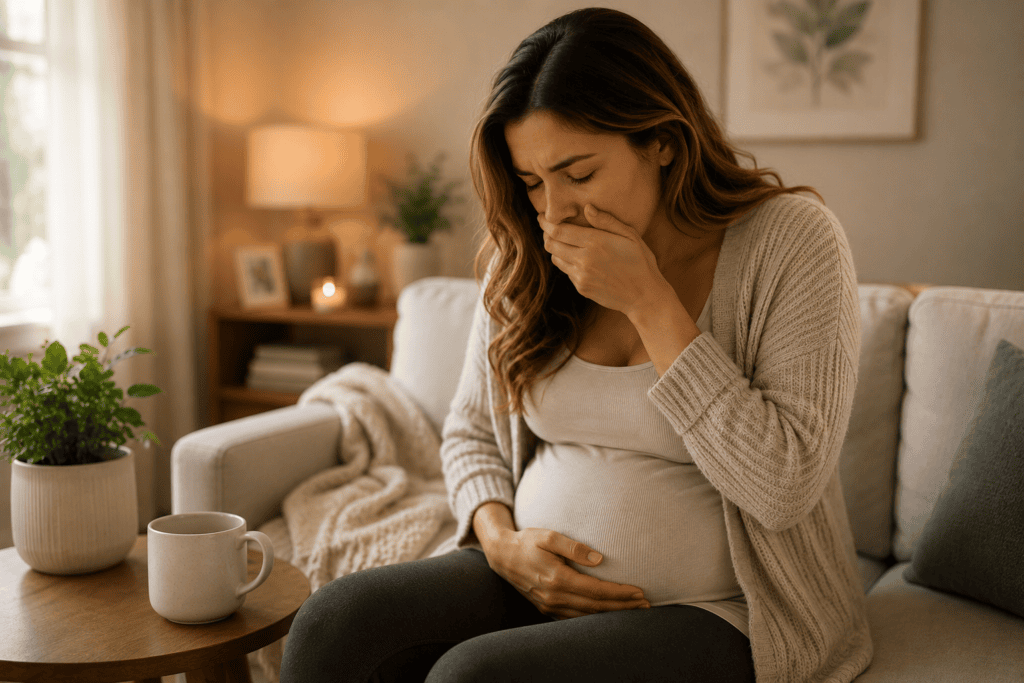 Pregnant woman in early pregnancy managing morning sickness and fatigue at home, illustrating the common first trimester challenges.