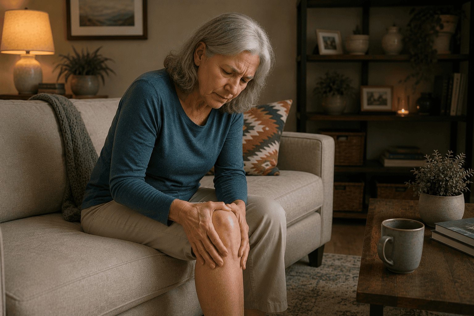 Woman sitting at home with one hand pressed to the knee, communicating the common experience of managing knee pain in daily life.